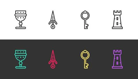 Set line Medieval goblet, Dagger, Old key and Castle tower on black and white Illustrazione stock