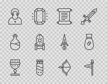 Set line Medieval goblet, flag, Decree, parchment, scroll, Quiver with arro.. Illustrazione stock
