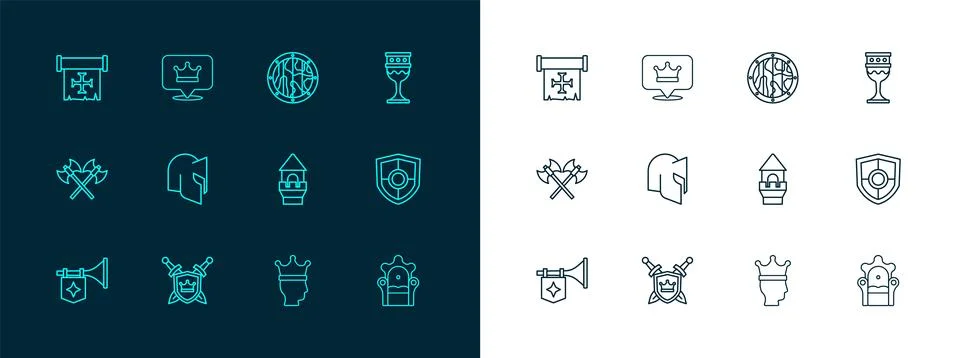 Set line Medieval goblet, Shield with swords, Castle tower, King crown, hel.. Stock Illustration