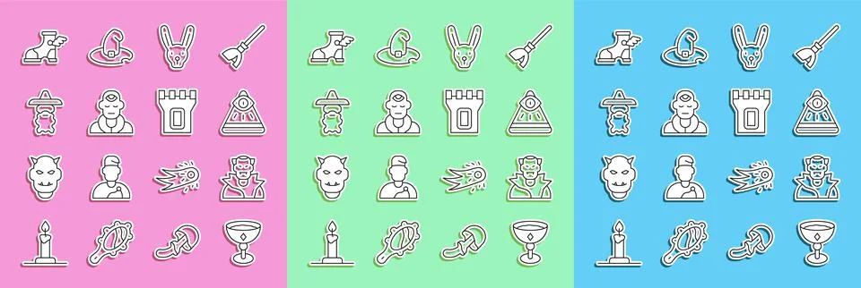 Set line Medieval goblet, Vampire, Masons, Rabbit with ears, Wizard warlock Ilustración de archivo