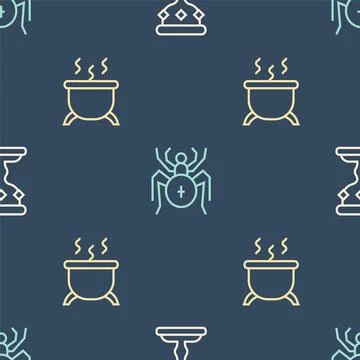 Set line Medieval goblet, Witch cauldron and Spider on seamless pattern. Vector Illustrazione stock