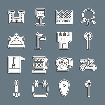 Set line Medieval halberd, Catapult shooting stones, axe, King crown, flag,.. Stock Illustration