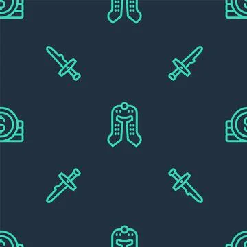Set line Medieval helmet, Dagger and Ancient coin on seamless pattern. Vector Stock Illustration