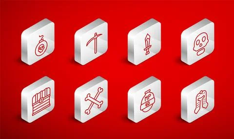 Set line Medieval helmet, Pickaxe, Sword for game, Skull, Video bar, Bomb ready Illustrazione stock