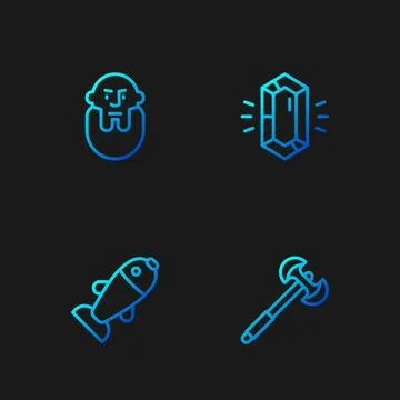 Set line Medieval poleaxe, Fish, Viking head and Gem stone. Gradient color icons Stock Illustration