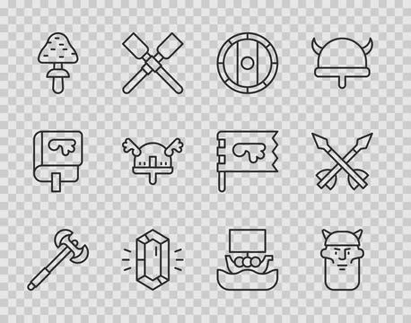 Set line Medieval poleaxe, Viking head, Shield viking, Gem stone, Mushroom,.. Stock Illustration