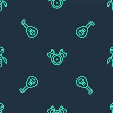 Set line Medieval shield with axe, Lute and Magic staff on seamless pattern.. Stock Illustration