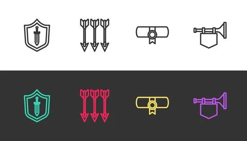 Set line Medieval shield with sword, Crossed arrows, Decree, parchment, scroll Illustrazione stock
