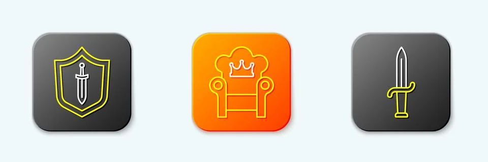 Set line Medieval shield with sword, throne and Dagger icon. Vector Stock Illustration
