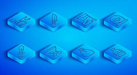 Set line Medieval spear Dagger Folded map Anvil for blacksmithing Old money b Illustrazione stock