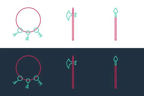Set line Medieval spear, Old keys and halberd icon. Vector Stock Illustration