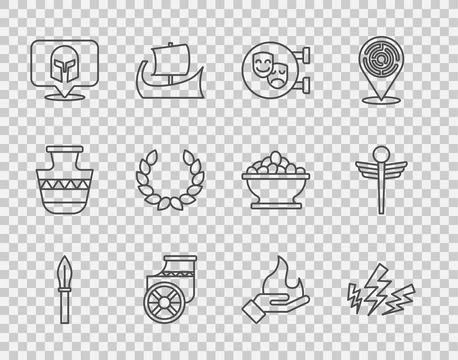 Set line Medieval spear, Zeus, Comedy and tragedy masks, Ancient chariot, G.. Stock Illustration