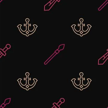 Set line Medieval sword, Anchor and spear on seamless pattern. Vector Illustrazione stock