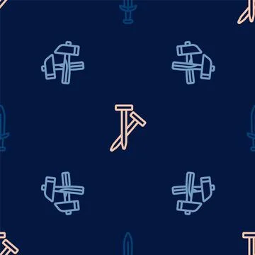Set line Medieval sword, Crossed hammer and Metallic nails on seamless pattern Stock Illustration