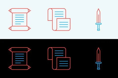 Set line Medieval sword, Decree, parchment, scroll and  icon. Vector Stock Illustration