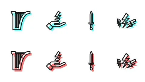 Set line Medieval sword, Harp, Zeus and  icon. Vector Stock Illustration