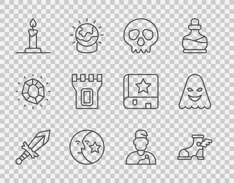 Set line Medieval sword, Hermes sandal, Skull, Moon stars, Burning candle in Ilustración de archivo