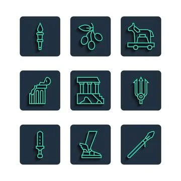 Set line Medieval sword, Hermes sandal, spear, Trojan horse, Parthenon, Broken Ilustración de archivo