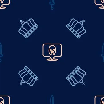 Set line Medieval sword, King crown and helmet on seamless pattern. Vector Stock Illustration