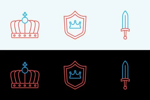 Set line Medieval sword, King crown and Shield with icon. Vector Stock Illustration