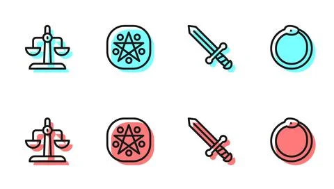 Set line Medieval sword, Libra zodiac, Pentagram in circle and Ouroboros icon イラスト素材