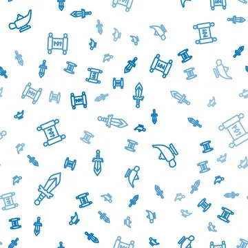 Set line Medieval sword, Magic lamp Aladdin and scroll on seamless pattern Illustrazione stock