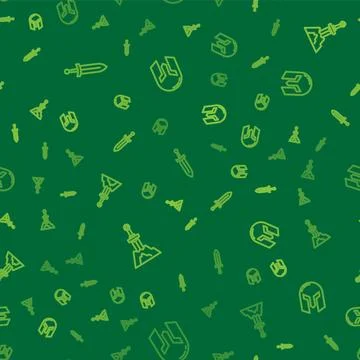 Set line Medieval sword, Sword in the stone and iron helmet on seamless pattern Stock Illustration
