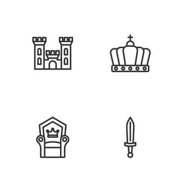 Set line Medieval sword, throne, Castle and King crown icon. Vector Stock Illustration