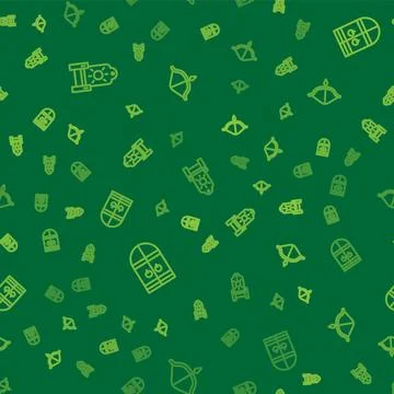 Set line Medieval throne, castle gate and bow and arrow on seamless pattern.. 库存插图
