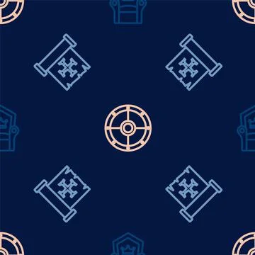 Set line Medieval throne, Crusade and Round shield on seamless pattern. Vector Stock Illustration