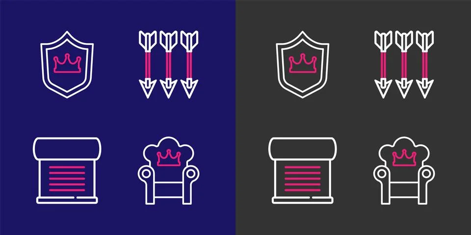 Set line Medieval throne, Decree, parchment, scroll, Crossed arrows and Shi.. Illustrazione stock