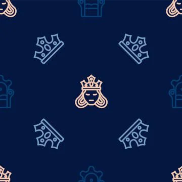 Set line Medieval throne, King crown and Princess or queen on seamless pattern Illustrazione stock