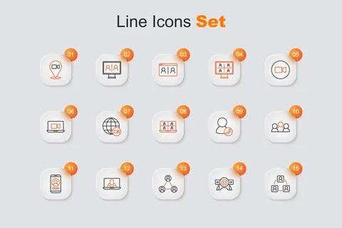 Set line Meeting, Web camera, Video chat conference,  and  icon. Vector Illustrazione stock
