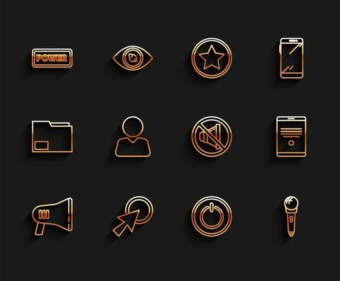 Set line Megaphone, Arrow cursor, Power button, Microphone, Add friend, Tablet Stock Illustration