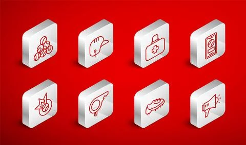 Set line Megaphone, Baseball helmet, First aid kit, Mobile with baseball, b.. Stock Illustration