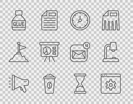 Set line Megaphone, Browser setting, Clock, Coffee cup to go, Glue, Board w.. Stock Illustration