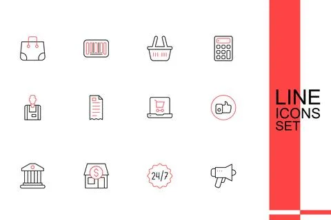 Set line Megaphone, Clock 24 hours, Market store, Bank building, Hand like,.. Ilustración de archivo