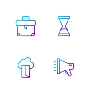 Set line Megaphone, Cloud database, Briefcase and Old hourglass. Gradient color Stock Illustration