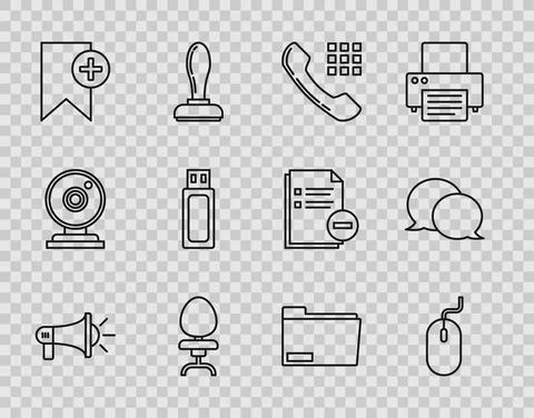Set line Megaphone, Computer mouse, Telephone handset, Office chair, Bookmark Stock Illustration