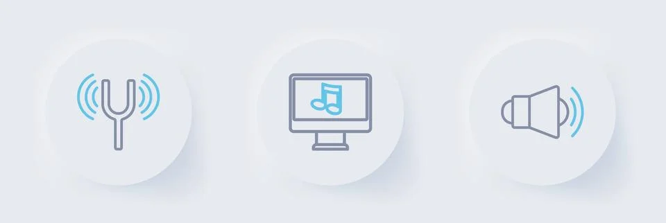 Set line Megaphone, Computer with music note and Musical tuning fork icon. .. Stock Illustration