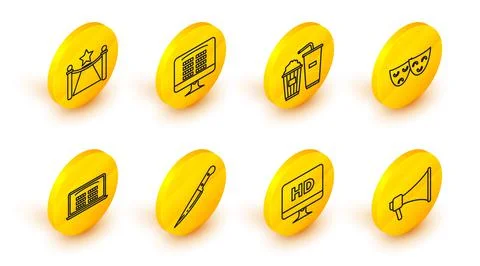 Set line Megaphone, Computer PC monitor with HD video technology, Knife, Buy Stock-Illustration