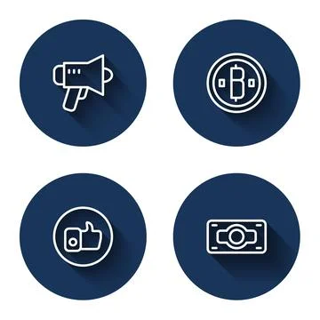 Set line Megaphone, Cryptocurrency coin Bitcoin, Hand like and Stacks paper m Illustrazione stock