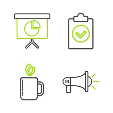 Set line Megaphone, Cup of tea and leaf, Completed task and Presentation fi.. Stock Illustration