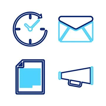 Set line Megaphone, Document, Envelope and Clock with arrow icon. Vector イラスト素材