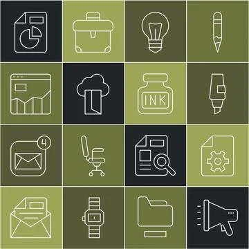 Set line Megaphone, Document settings, Marker pen, Light bulb, Cloud databa.. Stock Illustration