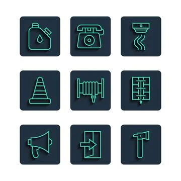 Set line Megaphone, Fire exit, Firefighter axe, Smoke alarm system, hose reel Illustration