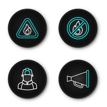 Set line Megaphone, Firefighter, No fire and flame in triangle icon. Vector Stock Illustration