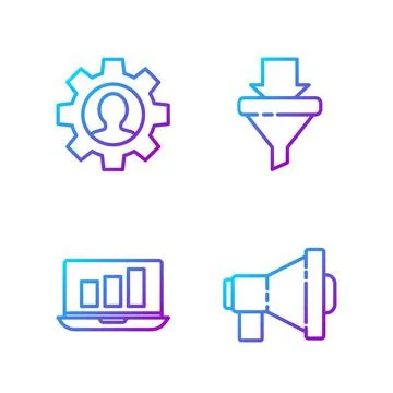 Set line Megaphone, Laptop with graph chart, Human with gear inside and Sales Stock Illustration