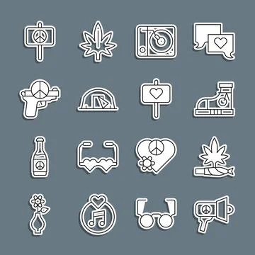 Set line Megaphone, Marijuana joint, spliff, Sneakers, Vinyl player, Touris.. Stock Illustration