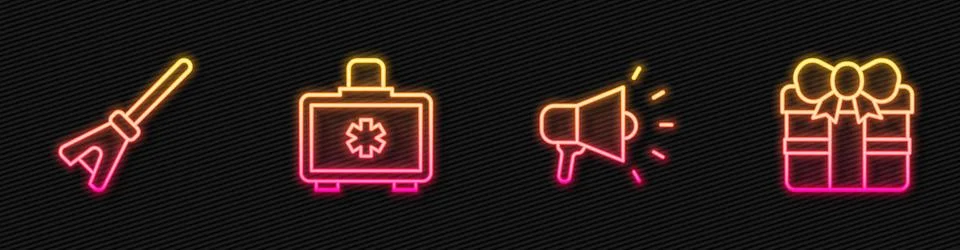 Set line Megaphone, Mop, First aid kit and Gift box. Glowing neon icon. Vector Stock Illustration
